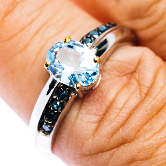 Blue Topaz, Blue Diamond Ring Size 8.75 (.925 Sterling Silver)