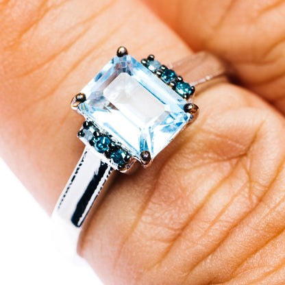 Blue Topaz, Blue Diamond Ring Size 7.5 (.925 Sterling Silver)