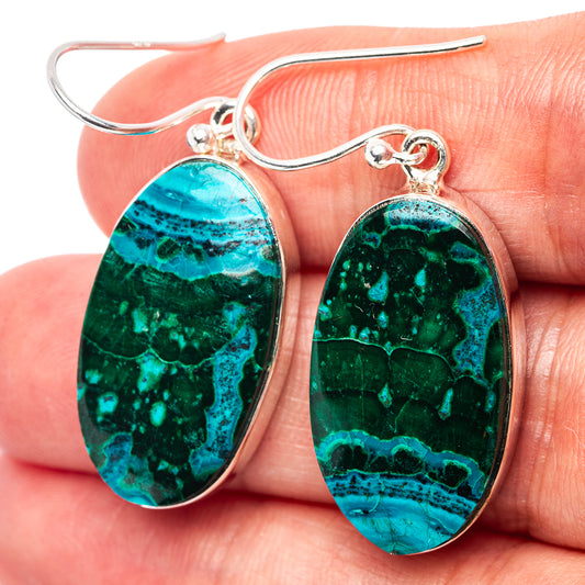 Chrysocolla and malachite oval drop earrings with blue-green stone and .925 silver hooks