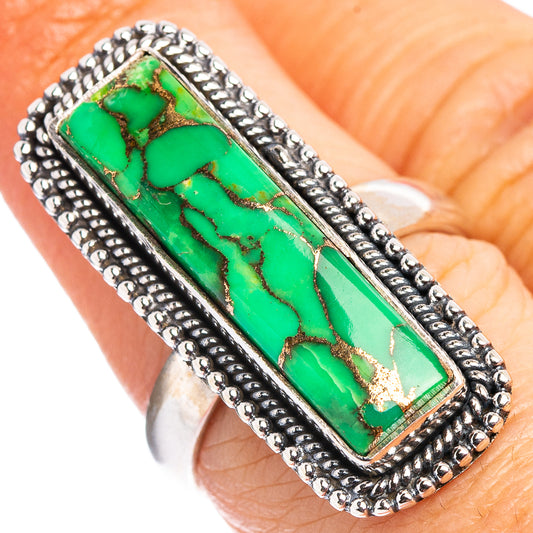 Sterling silver ring close-up with green turquoise rectangle stone and beaded frame, size 7.25