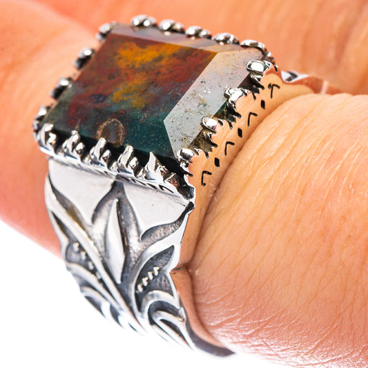 Sterling silver ring with faceted bloodstone-style multicolor gemstone and filigree band