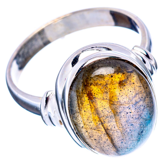 Labradorite ring with oval yellow-blue labradorite cabochon and polished .925 sterling silver band