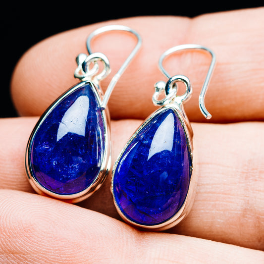 Teardrop blue gemstone earrings, .925 sterling silver fishhook settings, dangling cabochons