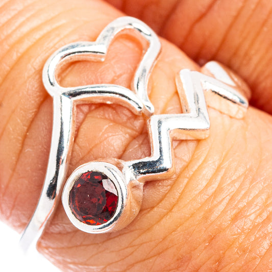 Heart garnet dainty ring, .925 sterling silver adjustable band with red gemstone