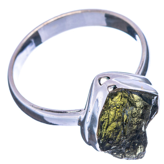 Sterling silver ring with bright green rough Moldavite gemstone in bezel setting