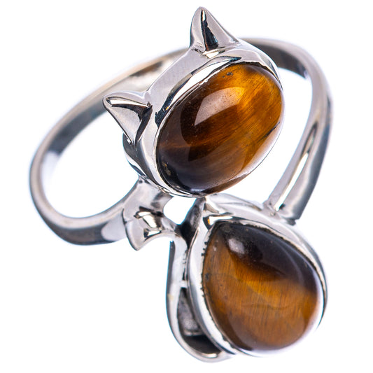 Sterling silver cat ring showing band and two oval tiger-eye stones, gold-brown