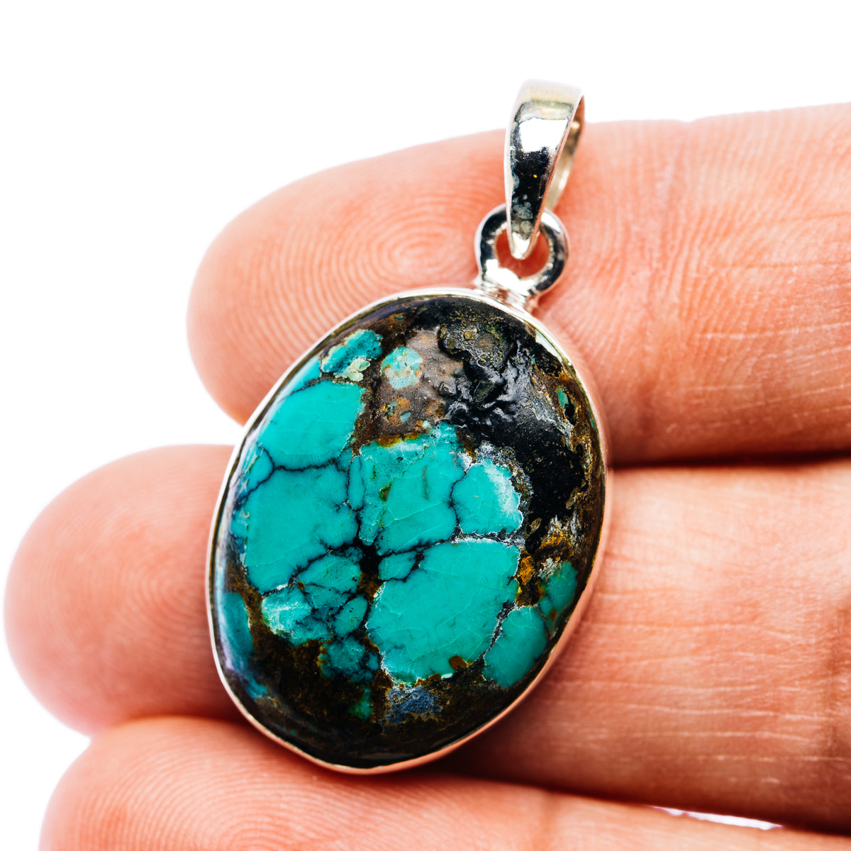 Tibetan Turquoise Pendant 1 3/8" (.925 Sterling Silver)