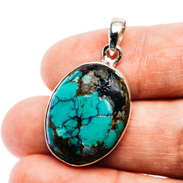 Tibetan Turquoise Pendant 1 3/8" (.925 Sterling Silver)