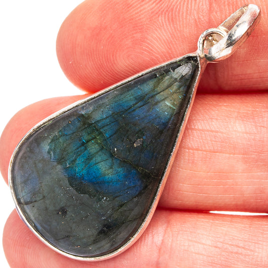 Silver-plated labradorite teardrop pendant with bail, blue-gray iridescent stone