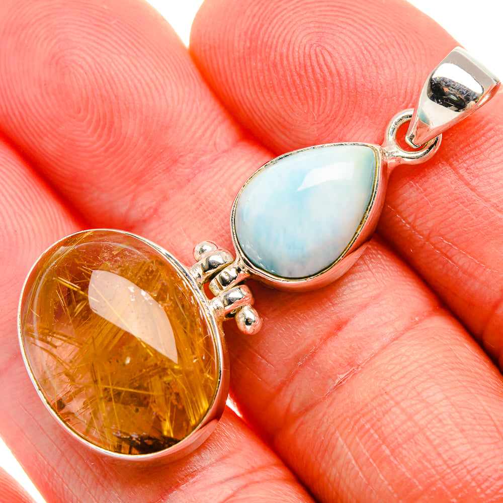 Rutilated Quartz, Larimar Pendant 1 3/4" (925 Sterling Silver) PD38170