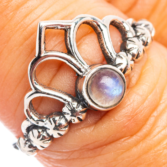 Sterling silver moonstone crown dainty ring with round iridescent stone, detailed band