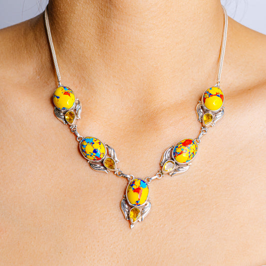 Mosaic jasper and citrine bead necklace, 925 sterling silver chain with oval cabochons