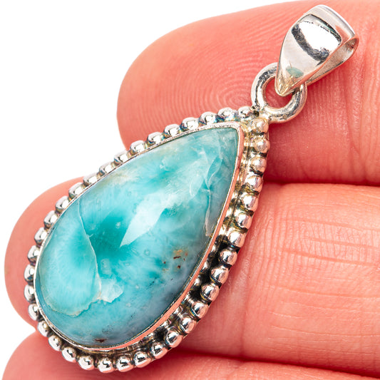 Larimar teardrop pendant in .925 sterling silver with ornate bead border