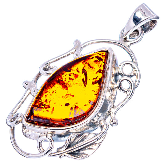 Teardrop amber pendant in .925 sterling silver with leaf-pattern frame and bail
