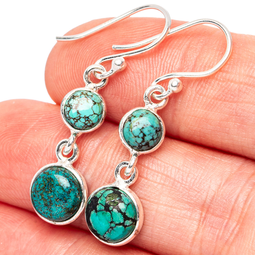 Turquoise spiderweb drop earrings, .925 sterling silver with three round cabochons