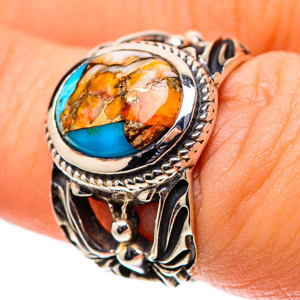 Turquoise and amber inlay spiny oyster 925 sterling silver ring, oval bezel detail