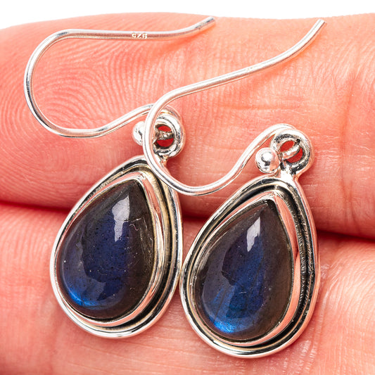 Teardrop labradorite earrings in .925 sterling silver, blue-gray flash, hooked setting