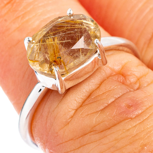 Rutilated quartz sterling silver ring with oval golden crystal cabochon