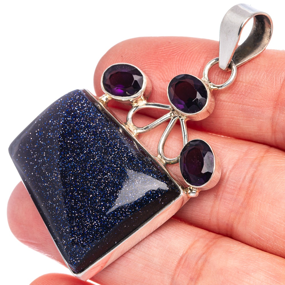 Blue Goldstone, Amethyst Pendant 2 1/8" (925 Sterling Silver) P40081