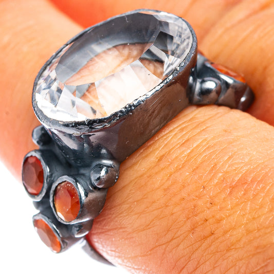 Sterling silver ring with large clear quartz and three red carnelian stones, size 8.5