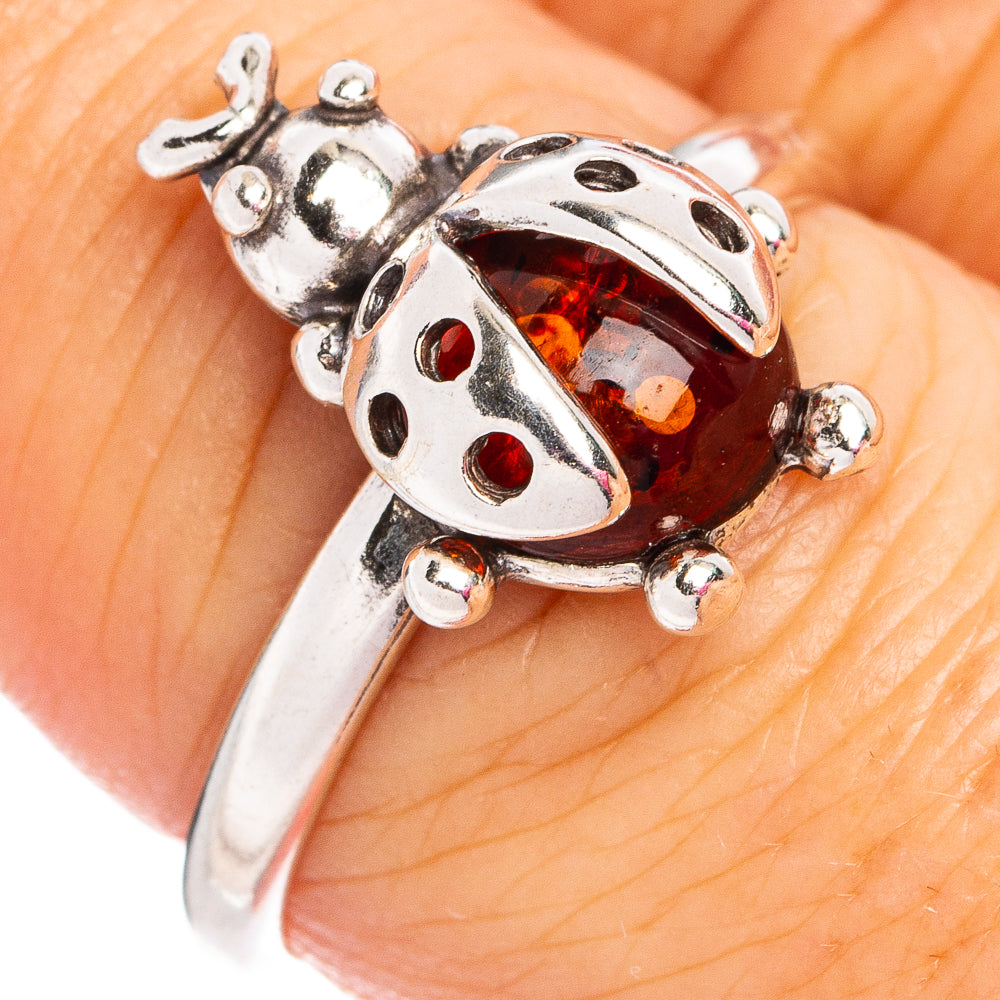 Baltic Amber Ladybug Ring Size 8 (.925 Sterling Silver)