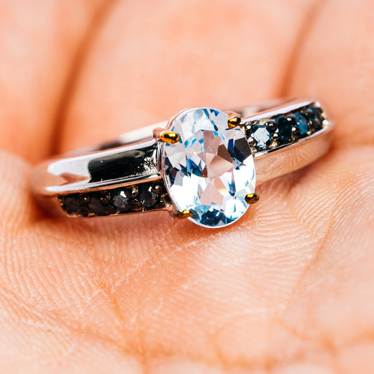 Blue Topaz, Blue Diamond Ring Size 6.5 (.925 Sterling Silver)