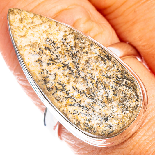 Sterling silver ring with teardrop psilomelane dendrite gemstone, close-up