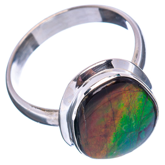Sterling silver ammolite ring with round green-orange gemstone on wide band, size 8