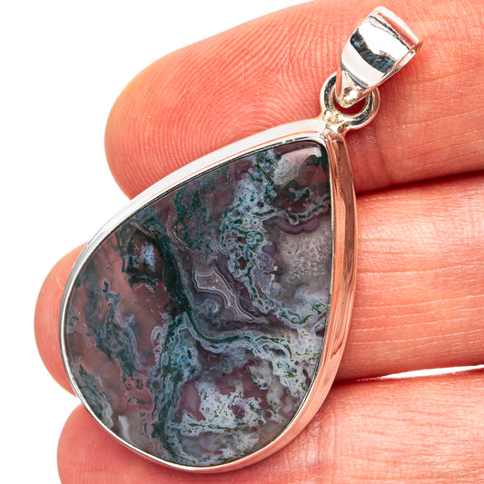 Teardrop moss agate pendant with .925 sterling silver bezel and bail