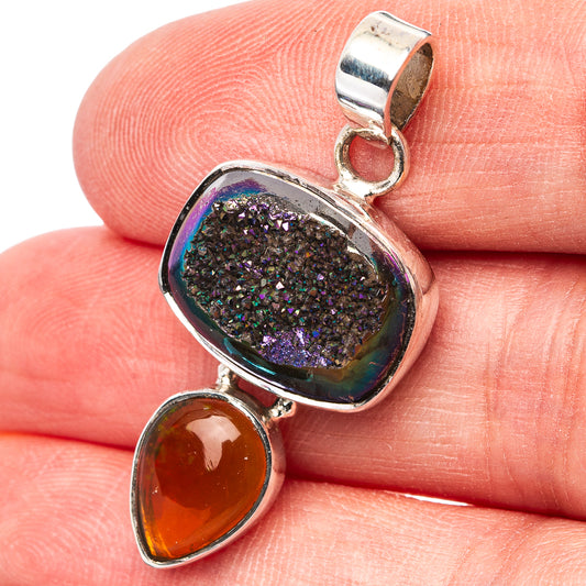 Sterling silver pendant with iridescent druzy stone and amber teardrop drop