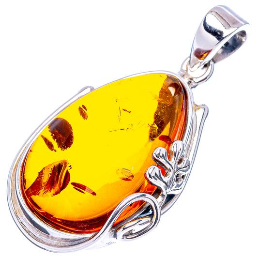 Amber leaf teardrop pendant, .925 sterling silver with bale and leaf filigree