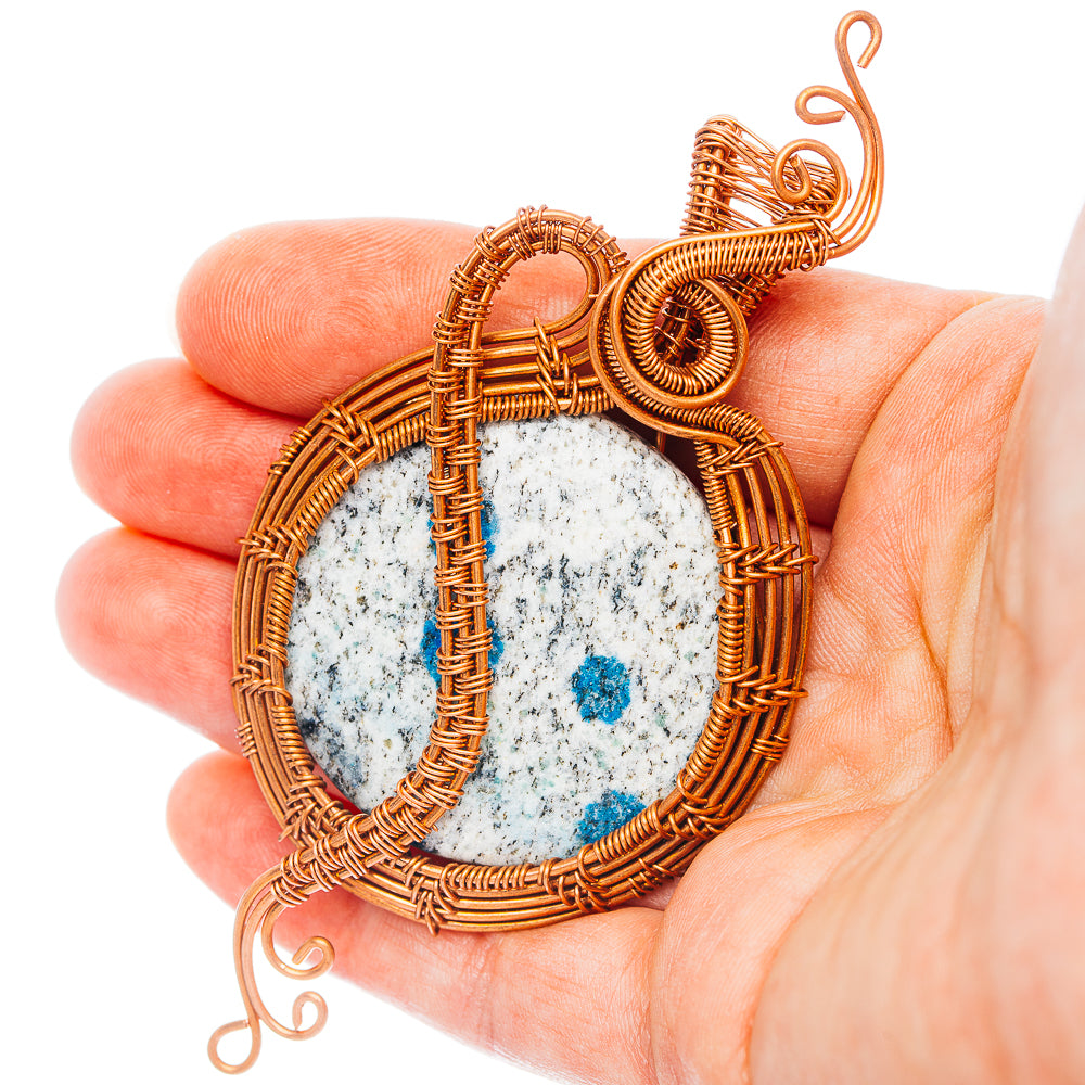 K2 Blue Azurite Wire Wrap Pendant 3 7/8" (Copper)