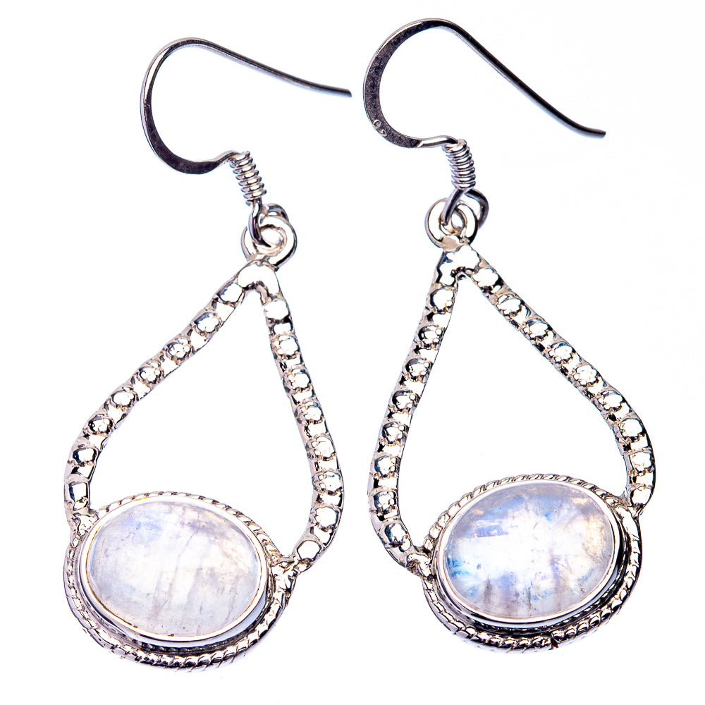 Sterling silver rainbow moonstone earrings with teardrop frame and round cabochon