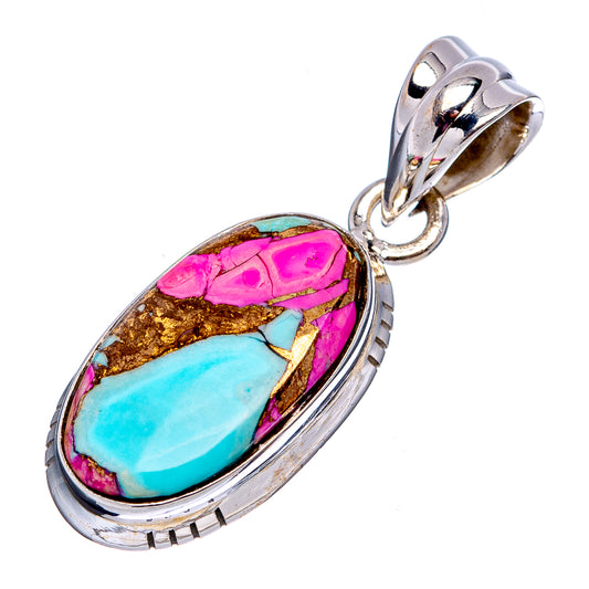 Oval sterling silver pendant with blue turquoise and magenta inlay stone, side bail