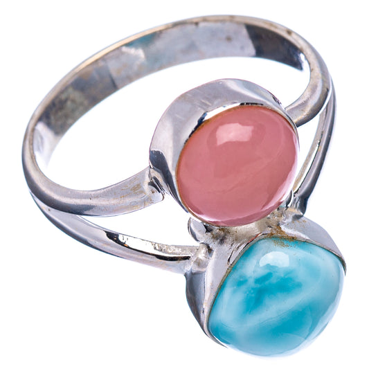 Sterling silver ring with pink round opal and blue oval stone, openwork setting