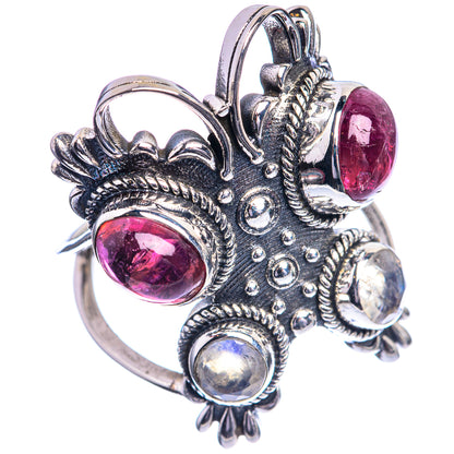 Large Pink Tourmaline, Rainbow Moonstone 925 Sterling Silver Ring Size 9