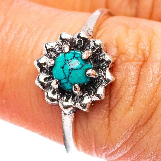 Turquoise cabochon dainty sterling silver ring, size 7, ornate bezel setting