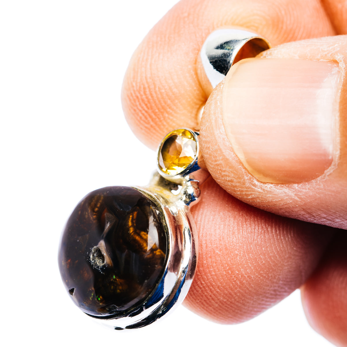 Mexican Fire Agate, Citrine Pendant 1 3/8" (.925 Sterling Silver)