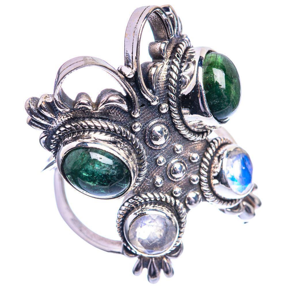 Large Green Tourmaline, Rainbow Moonstone 925 Sterling Silver Ring Size 7.5
