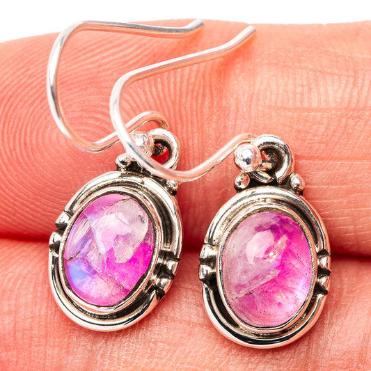 Sterling silver pink oval moonstone drop earrings, scalloped bezel, hook backs