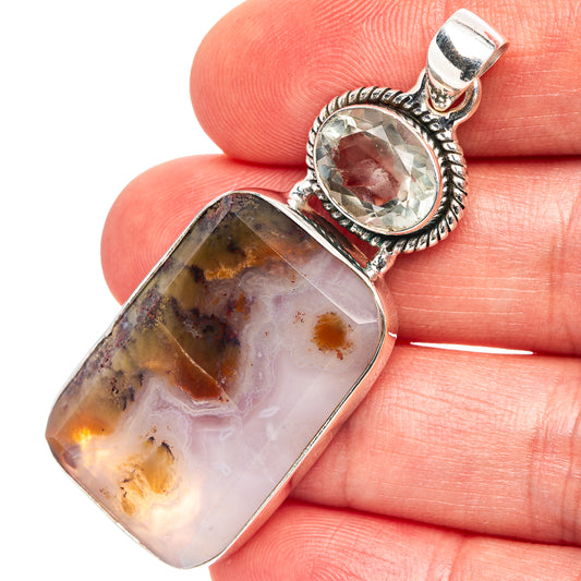 Sterling silver pendant with plume agate rectangular stone and round crystal accent
