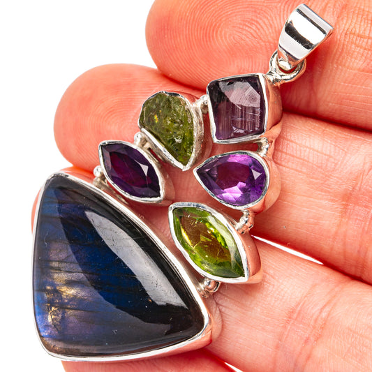 Sterling silver heart pendant with labradorite, amethyst, and peridot gemstone accents