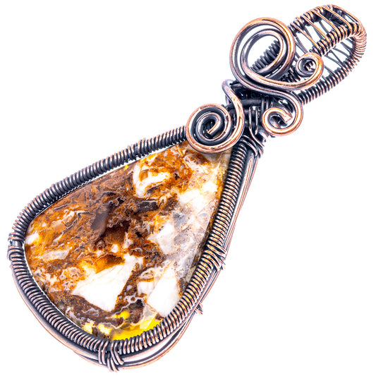 Teardrop agate pendant in oxidized copper wire wrap, layered spirals and coil bail