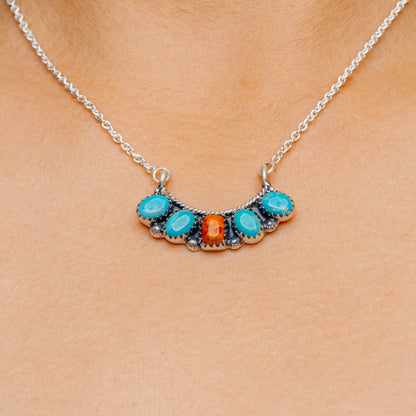 Southwestern Style Orange Sponge Coral, Mojave Turquoise Necklace 17 to 18" (.925 Sterling Silver)