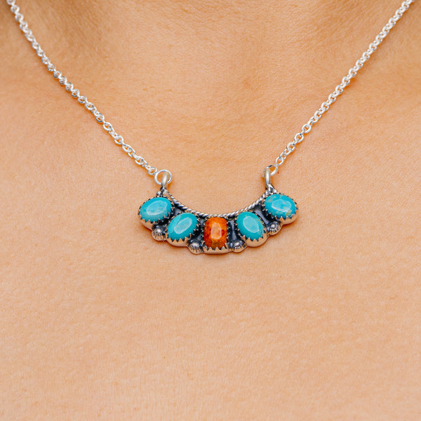Southwestern Style Orange Sponge Coral, Mojave Turquoise Necklace 17 to 18" (.925 Sterling Silver)
