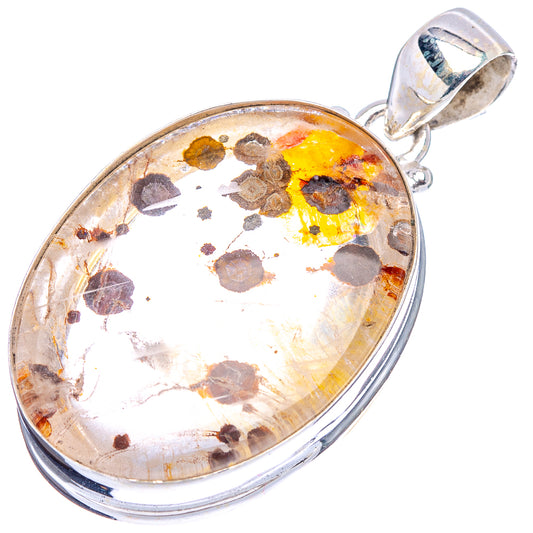 Sterling silver oval quartz pendant with amber and dark marcasite inclusions, bail loop