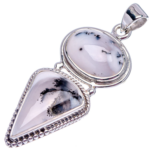 Sterling silver two-stone opal pendant with oval and pear-shaped dendritic cabochons