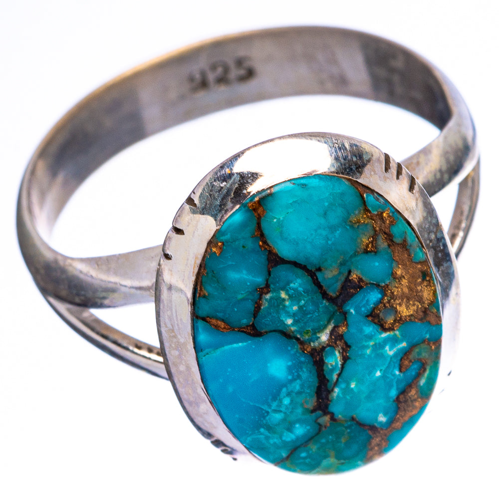 925 sterling silver turquoise ring with gold matrix, round setting and side profile