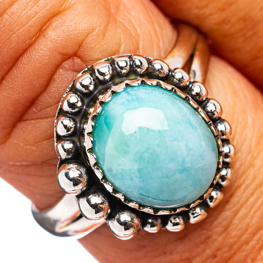 Larimar oval cabochon ring in .925 sterling silver, beaded halo and shiny band