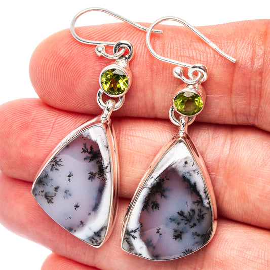 Sterling silver earrings with round peridot tops and teardrop dendritic opal drops
